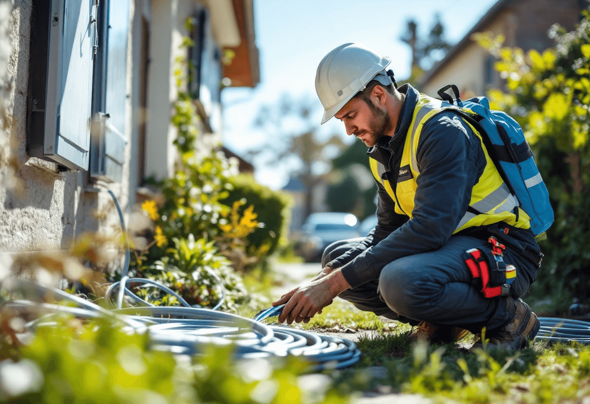 gros plan sur des câbles à fibre optique bleus connectés à un routeur haute vitesse