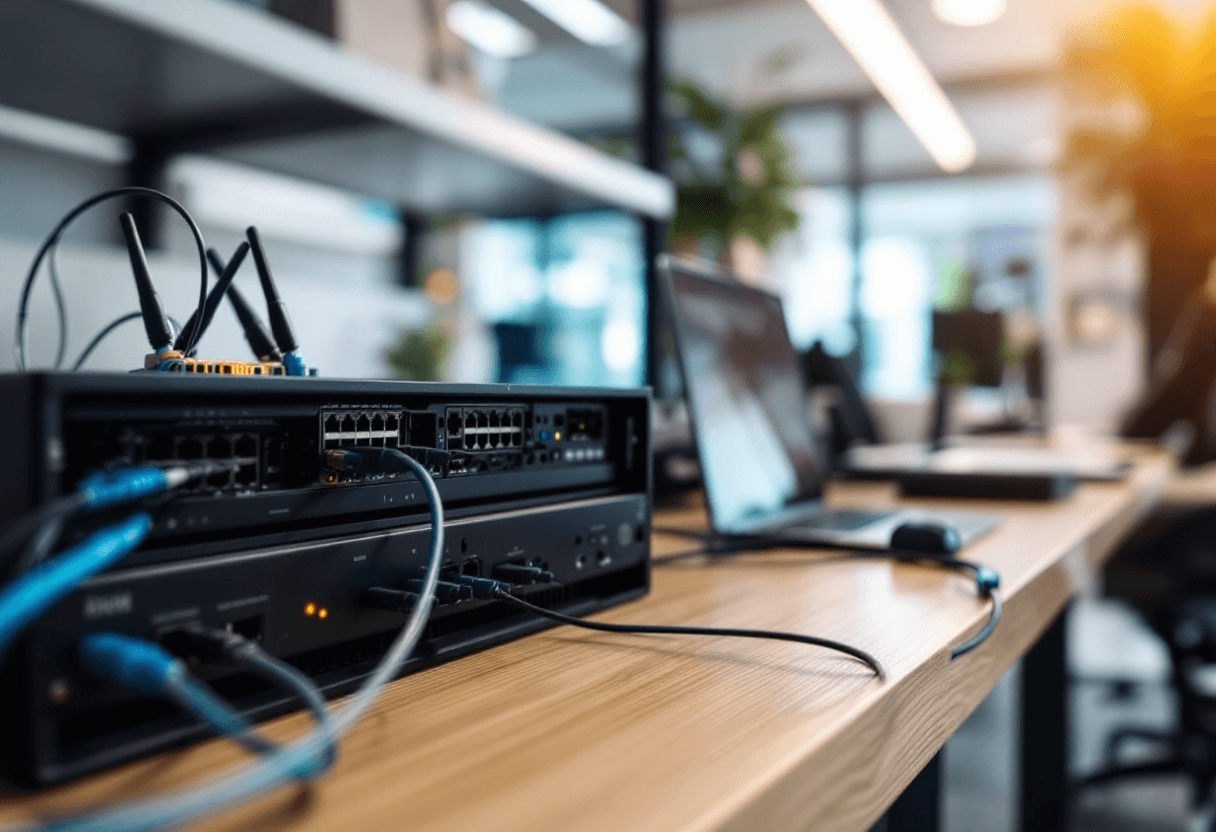 bureau moderne en Morbihan avec câblage fibre optique et équipements réseau visibles