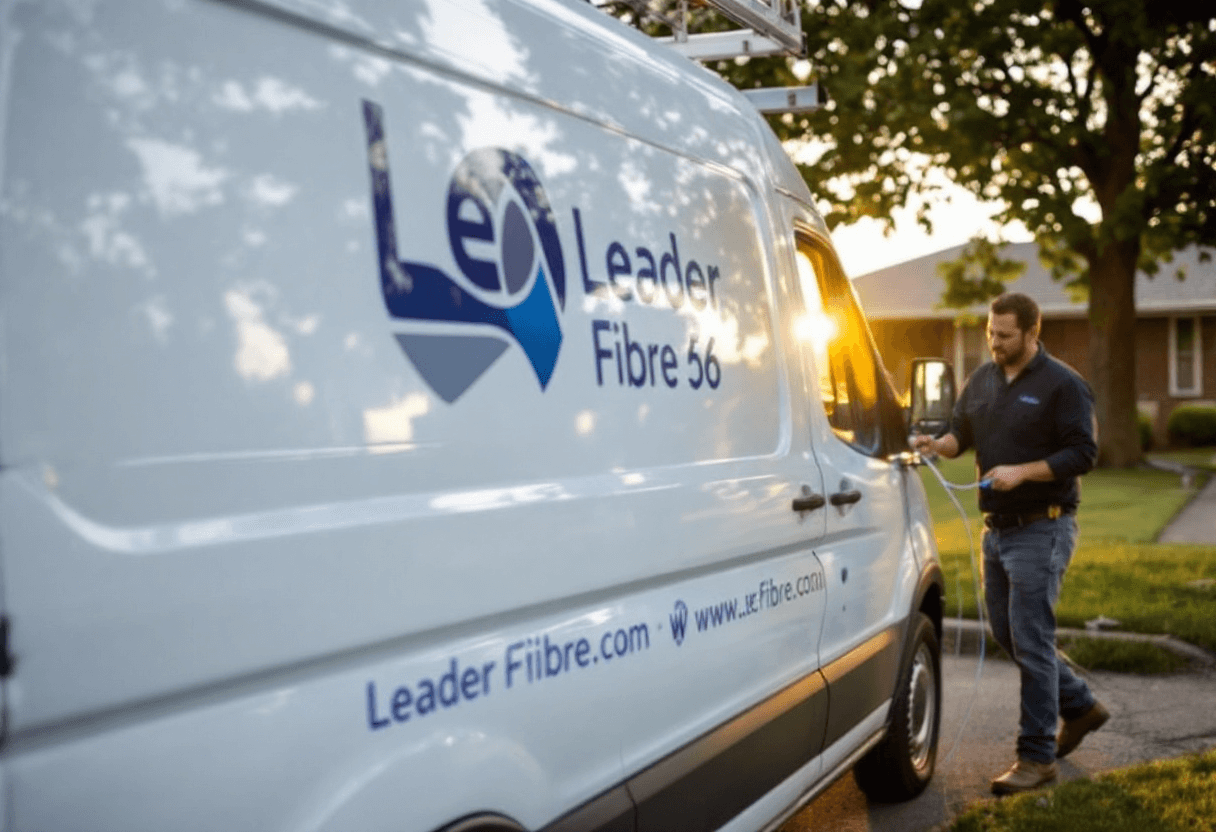 fourgon Leader Fibre 56 garé près d’une maison avec technicien manipulant la fibre